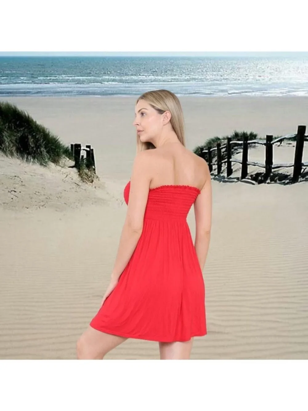 Women's Red Sun Strapless Tube Short Beach Summer Dresses Casual Mini Dress